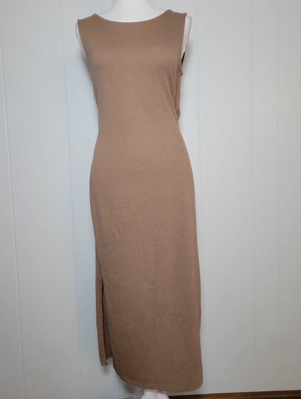 NWT Antistar Tank Dress Ribbed Twist Back Midi Bodycon Sleeveless Brown LG